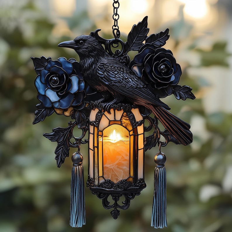 Gothic Raven Faux Stained Glass Acrylic Suncatcher