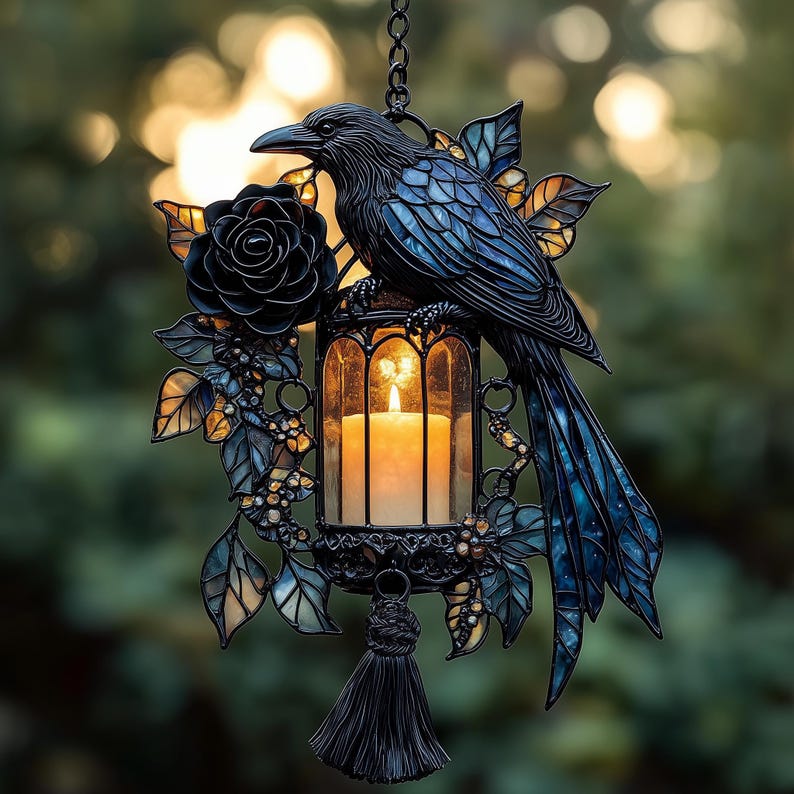 Gothic Raven Faux Stained Glass Acrylic Suncatcher
